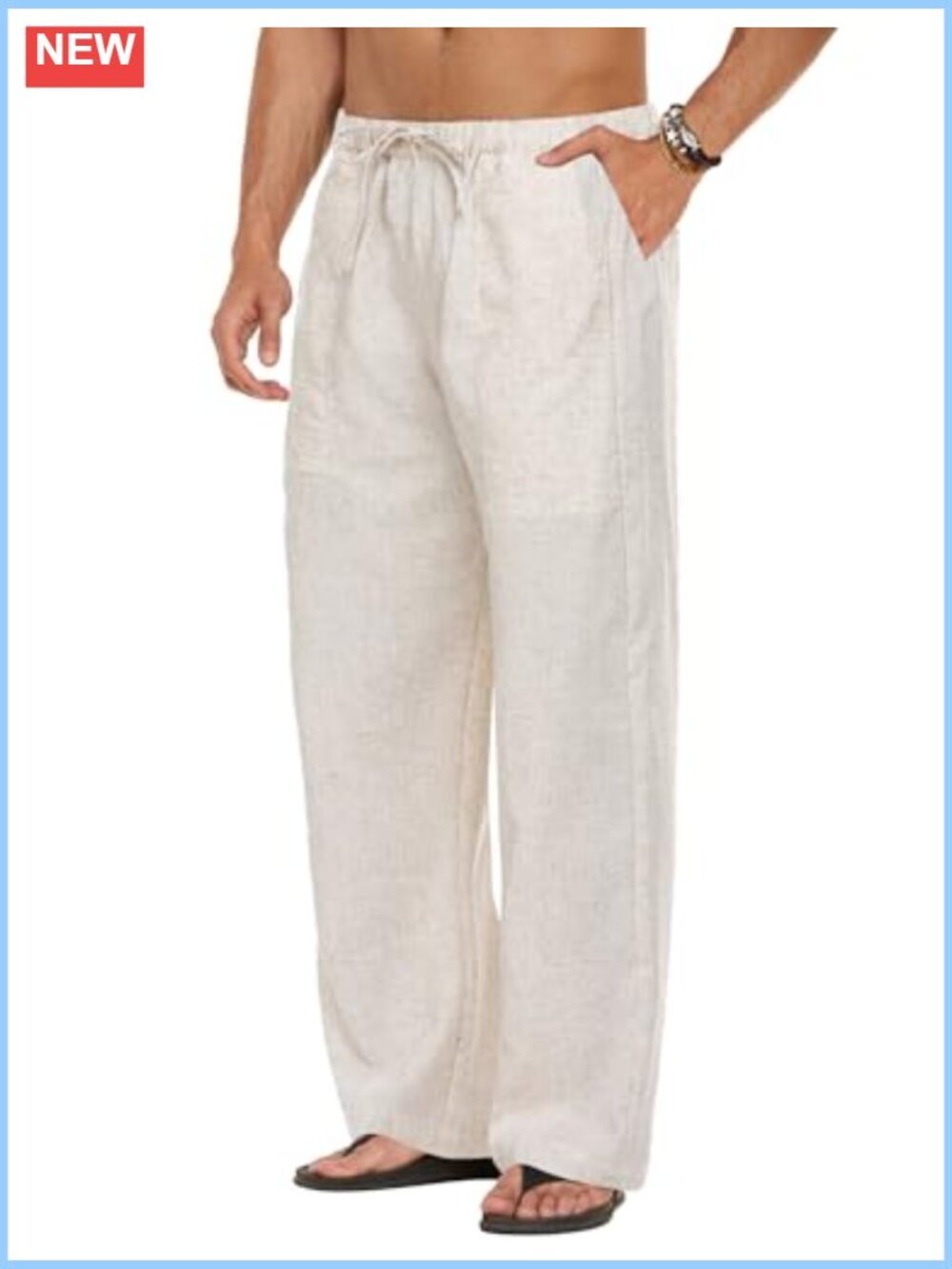 Men's Linen Casual Pants Elastic Waist Drawstring Straight Leg Summer Beach